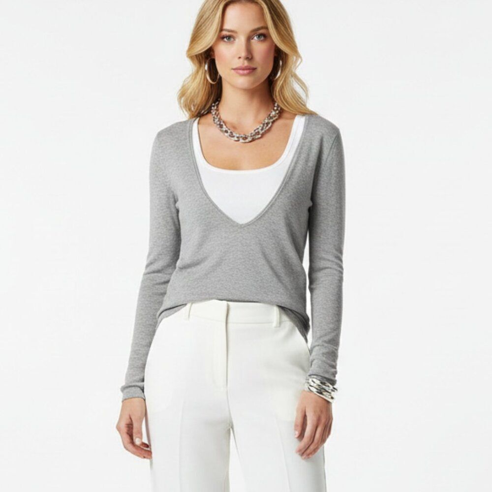 Ann Taylor Gray Deep V Neck Long Sleeve Sweater M